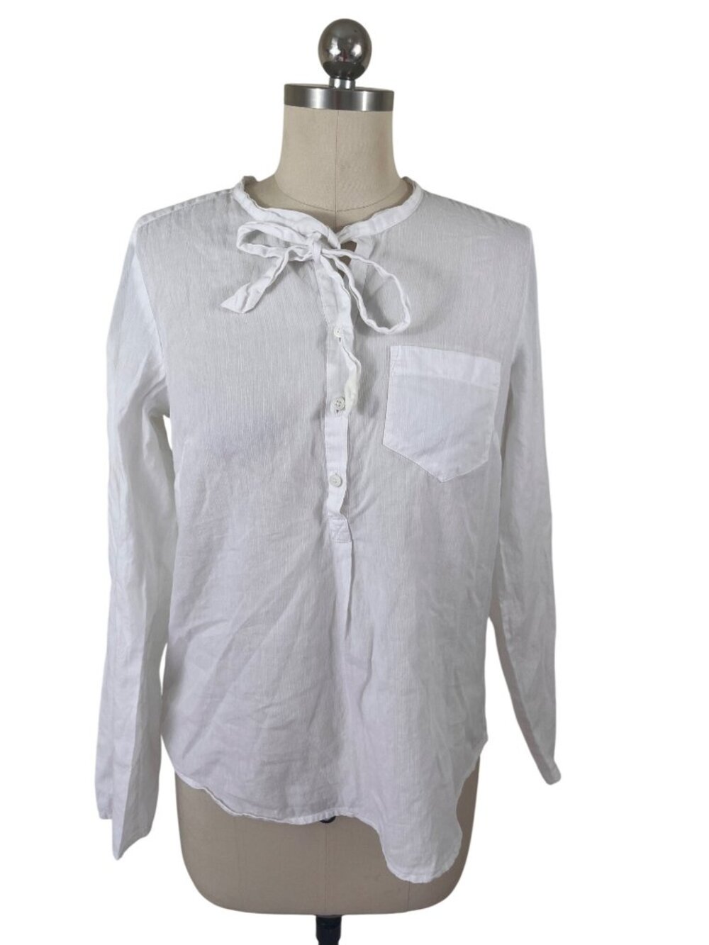 Ann Loft Linen Blend Button Down Shirt Small White Bow Tie Minimalist Chic Boho